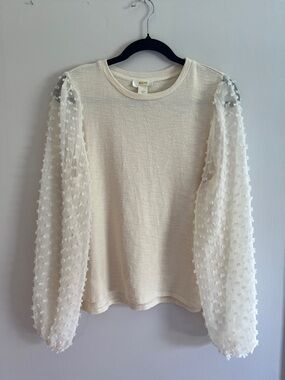 Maeve by Anthropologie Ivory Puff-Sleeve Textured Knit Top